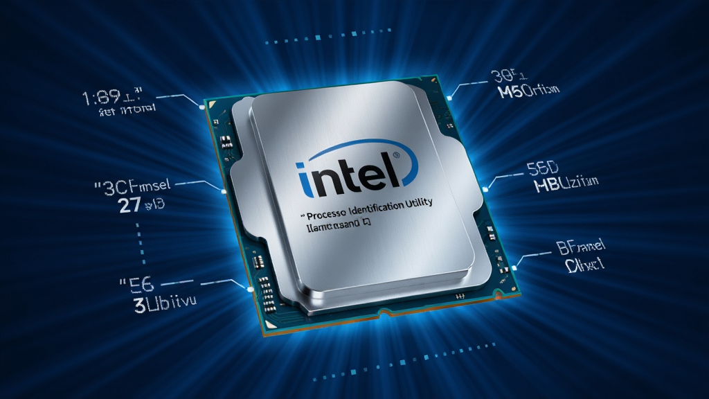 主体为一颗Intel CPU芯片悬浮在深蓝色科技背景中央,芯片表面反射出软件界面中处理器型号的文字信息;布局采用放射状光线从芯片向四周扩散;排版上芯片居中,周围环绕着频率、缓存、指令集等数据标签;风格为未来科技感,细节包括芯片金属光泽、电路纹理、蓝色光晕;画质为8K超高清,干净无多余元素,画面中文字用引号标注“Intel Processor Identification Utility”