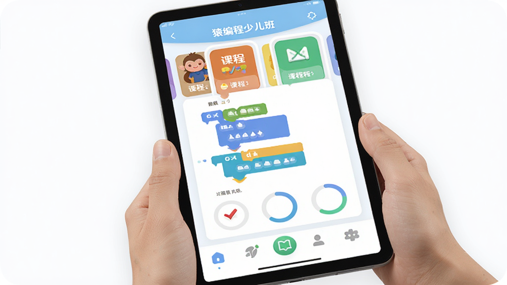 猿编程少儿班移动端操作界面图,主体为手持平板电脑显示编程学习应用,布局为竖版展示,排版上方为课程卡片下方为底部导航栏,风格为清新现代教育风,细节包含彩色图标和进度圈,画质高清 干净 无多余元素