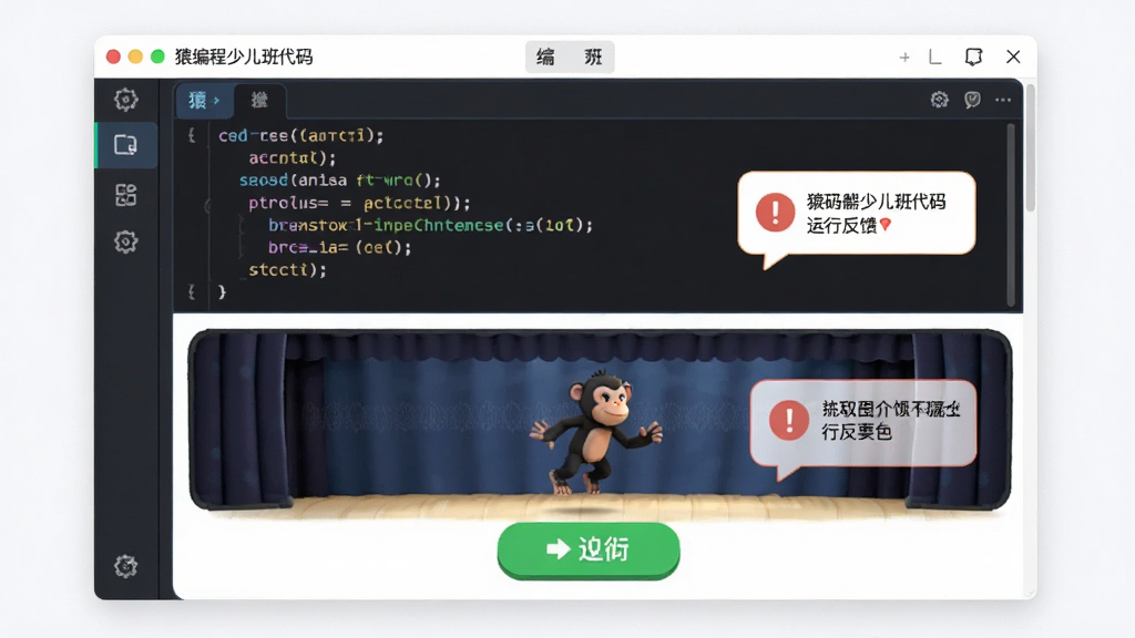 猿编程少儿班代码运行反馈界面图,主体为软件运行窗口展示动画效果,布局为上下分栏上方代码下方运行舞台,排版工整,风格为简约教育科技风,细节包含绿色的运行按钮和错误提示气泡,画质高清 干净 无多余元素