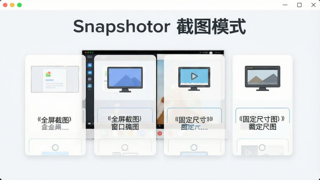 一张展示Snapshotor多种截图模式选择的图片,画面中软件界面显示区域截图、全屏截图、窗口截图、固定尺寸截图四个选项按钮,每个按钮旁边有对应的示意图标,背景是简洁的浅色界面,风格现代清爽,界面中文字标注