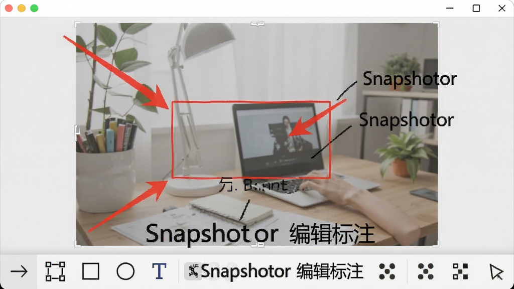 一张展示Snapshotor截图编辑界面的图片,画面中截取的图片上添加了红色箭头、矩形框和文字标注,编辑工具栏位于图片下方,包含箭头、方框、圆形、文字、马赛克等图标,背景是软件操作界面,风格简洁专业,界面中文字标注
