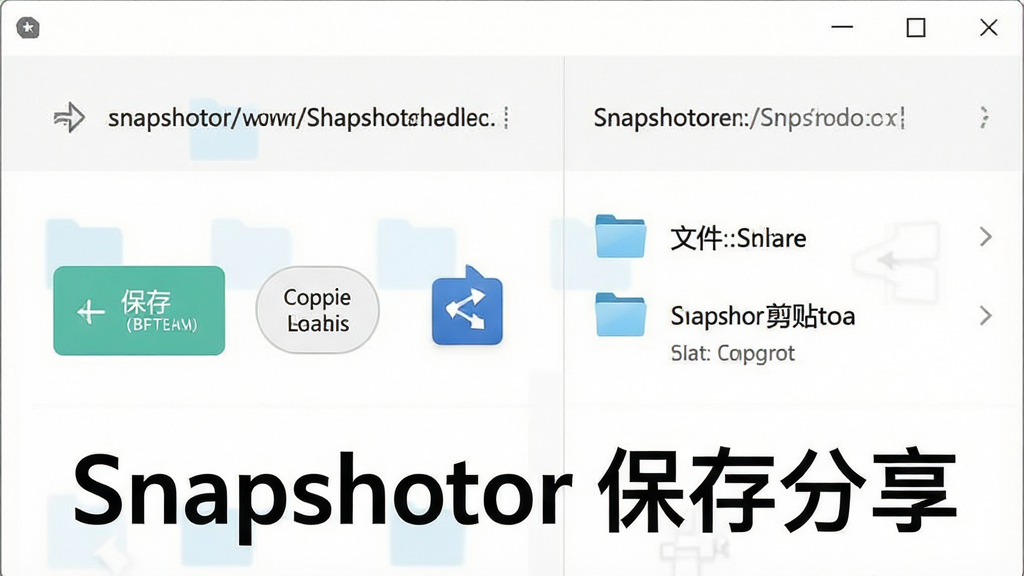 一张展示Snapshotor保存与分享功能的图片,画面中软件界面显示保存按钮、复制到剪贴板按钮和分享图标,旁边有文件夹路径和文件命名示例,背景是简洁的白色界面,风格清爽明快,界面中文字标注
