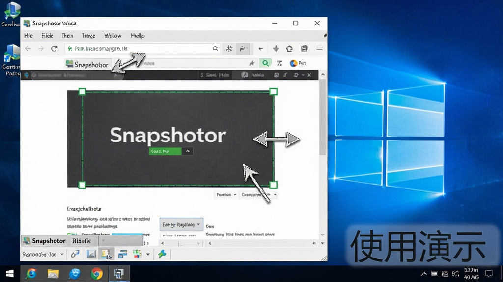 一张展示Snapshotor在Windows电脑上运行的图片,画面中软件界面正在截取一个网页页面,截图上显示了矩形标注框和箭头,软件工具栏位于界面底部,背景是Windows桌面环境,风格简洁实用,界面中文字标注
