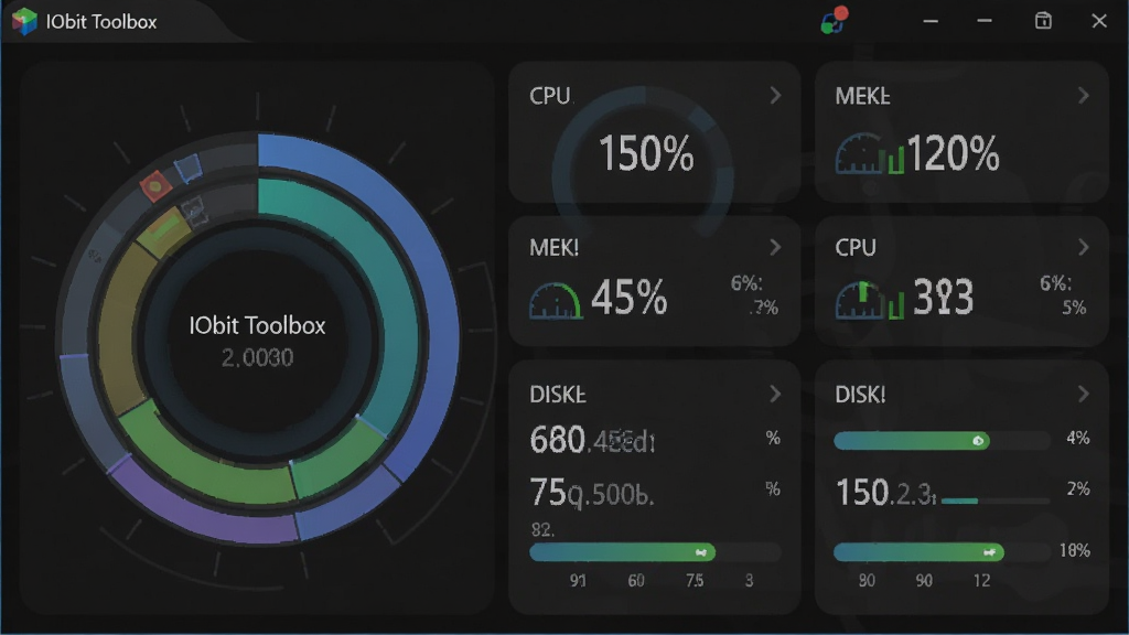主体为 IObit Toolbox 系统监控面板,布局为仪表盘式数据展示,排版采用环形图表与数字指标结合,风格为深色科技仪表盘风格,细节包含 CPU、内存、磁盘进度条,画质清晰干净无多余元素,图片中文字为“IObit Toolbox”