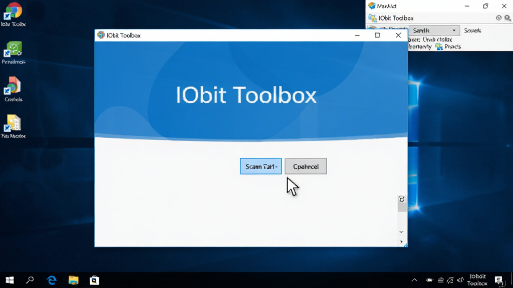 主体为 IObit Toolbox 运行在 Windows 电脑桌面,布局为软件窗口居中,周围有系统托盘图标和任务管理器,排版采用实景截图风格,风格为简洁办公桌面,细节包含鼠标指针指向扫描按钮,画质清晰干净无多余元素,图片中文字为“IObit Toolbox”