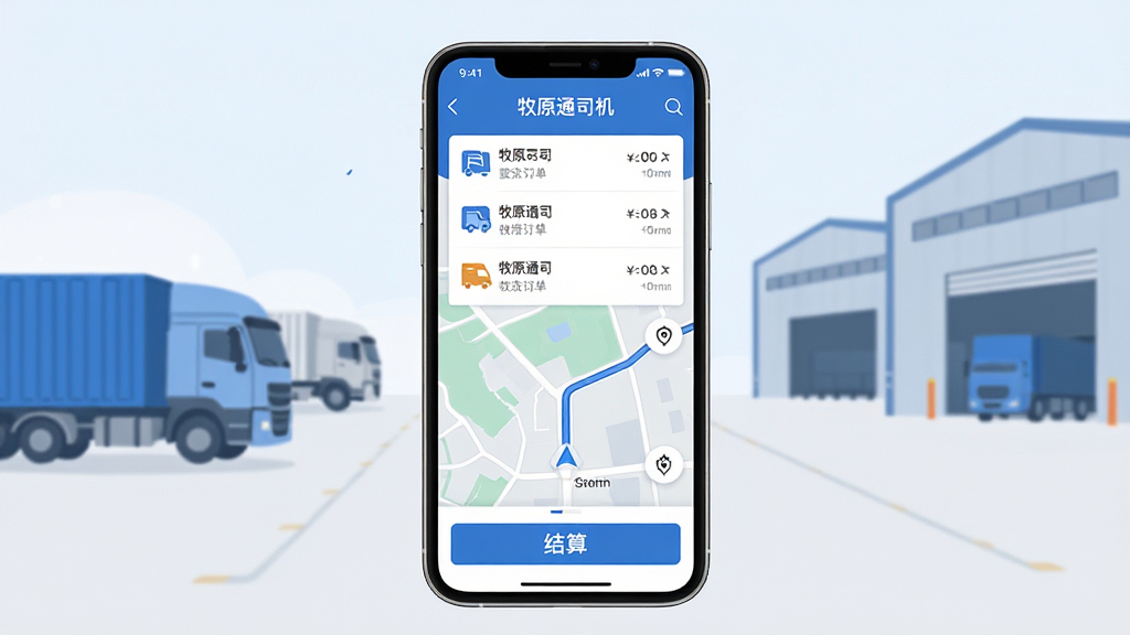 画面中央展示一部智能手机,手机屏幕上显示“牧原通司机”应用界面,界面包含订单列表、地图导航和结算按钮,背景为简洁的物流园区场景,有货车和仓库轮廓,整体布局清晰,排版采用居中构图,风格为现代扁平化科技风,细节包含蓝色主色调、图标清晰、文字“牧原通司机”醒目,画质高清,干净,无多余元素