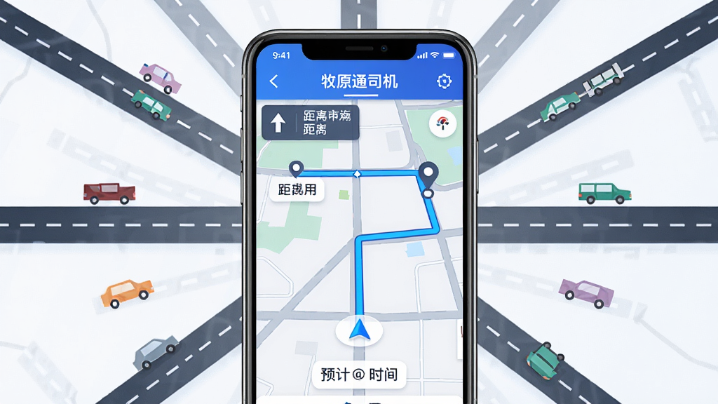 画面中心为手机屏幕显示“牧原通司机”导航界面,地图上标注起点与终点,路线用蓝色高亮显示,周围环绕抽象的道路和车辆图标,布局为居中放射状,风格为科技感UI风格,细节包含导航箭头、距离提示、预计时间文字,画质高清,干净,无多余元素