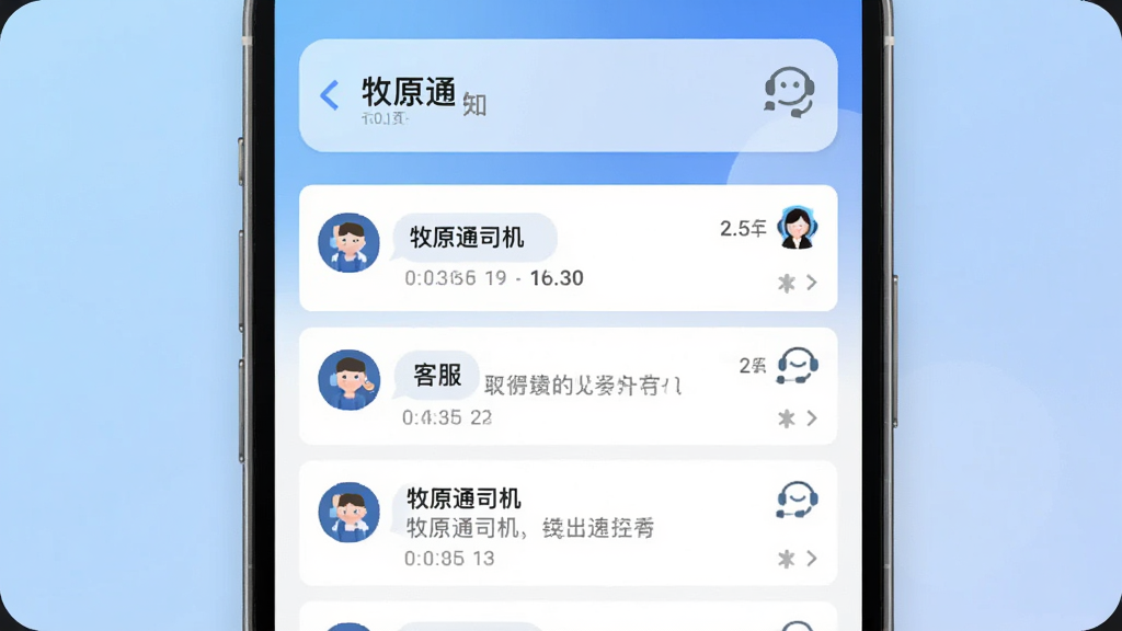 画面展示手机屏幕显示“牧原通司机”消息通知界面,包含多条消息卡片和客服图标,背景为柔和的渐变蓝色,布局为上下排列,风格为清新扁平风,细节包含消息气泡、时间戳、客服头像,画质高清,干净,无多余元素