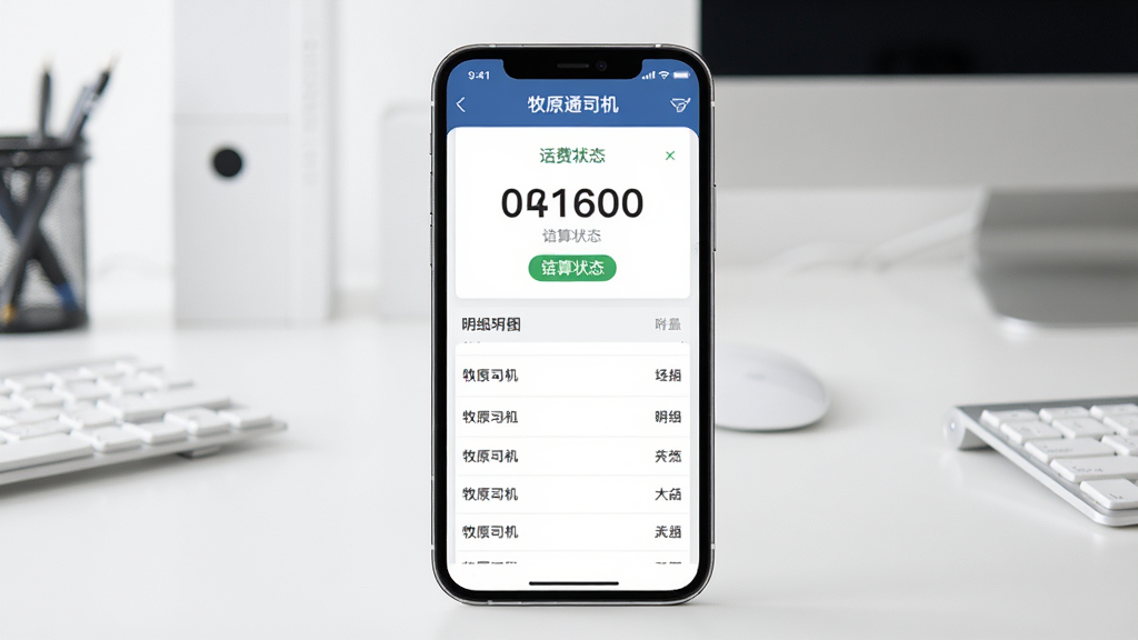 画面主体为手机屏幕显示“牧原通司机”运费结算页面,页面包含金额数字、结算状态标签和明细列表,背景为简洁的办公桌面,布局为居中特写,风格为商务简约风,细节包含数字清晰、状态标签颜色区分、列表排列整齐,画质高清,干净,无多余元素