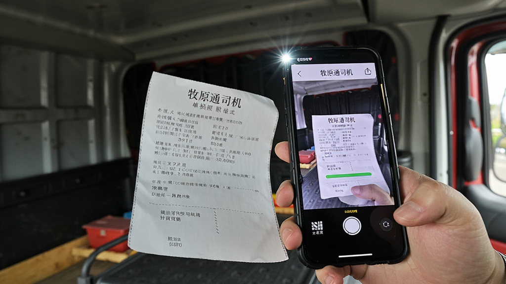 画面展示一只手拿着手机拍摄纸质单据,手机屏幕显示“牧原通司机”拍照上传界面,背景为货车车厢内部,布局为对角线构图,风格为写实生活风,细节包含单据上的文字、手机闪光灯效果、上传进度条,画质高清,干净,无多余元素
