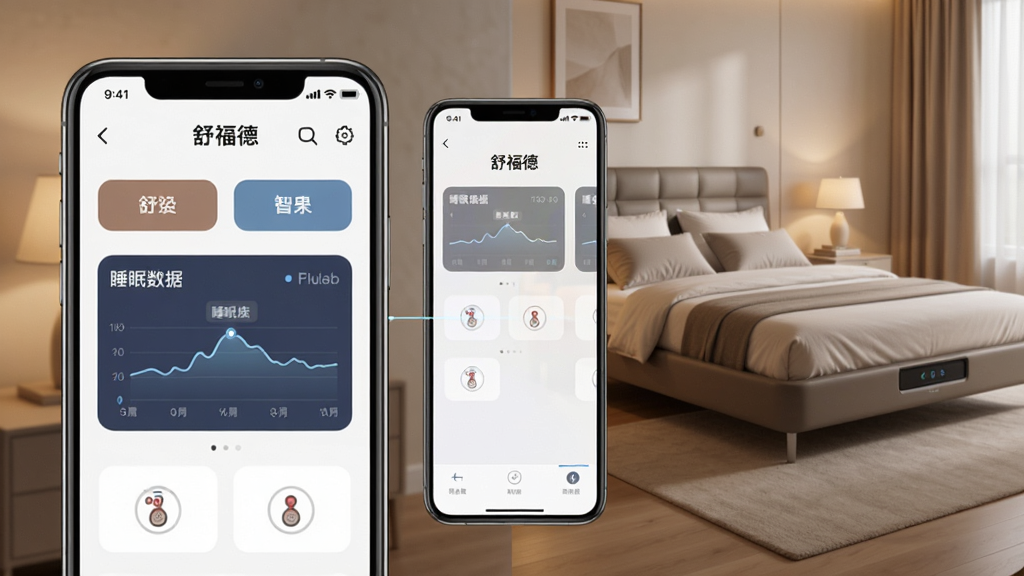 画面中央是一部智能手机,屏幕显示“舒福德”智能床控制界面,背景是一张现代智能床,床头微微抬起,卧室环境温馨柔和,主体突出手机与床的联动关系,布局采用左右分栏,左侧手机特写,右侧智能床场景,排版简洁,风格为现代科技感与家居温馨融合,细节包括界面按钮、睡眠数据曲线、遥控图标,画质高清,干净,无多余元素