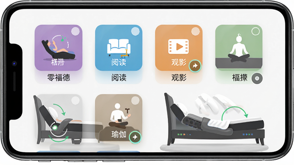 手机屏幕显示“舒福德”App的场景模式选择页,有零重力、阅读、观影、瑜伽等图标按钮,背景是智能床在不同模式下的姿态剪影,主体为手机界面,布局为网格排列,风格为扁平化多彩图标,细节包括模式名称、角度示意图、选中状态高亮,画质高清,干净,无多余元素