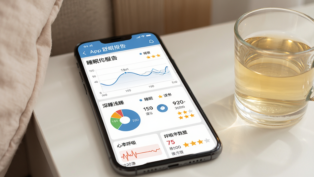 手机屏幕显示“舒福德”App的睡眠报告页面,有睡眠曲线图、深睡浅睡饼图、心率呼吸数据卡片,手机放置在床头,旁边有一杯温水,背景柔和,主体为手机屏幕内容,布局采用上下结构,上方标题下方图表,风格为清新健康风,细节包括数据点、图例、评分星级,画质高清,干净,无多余元素