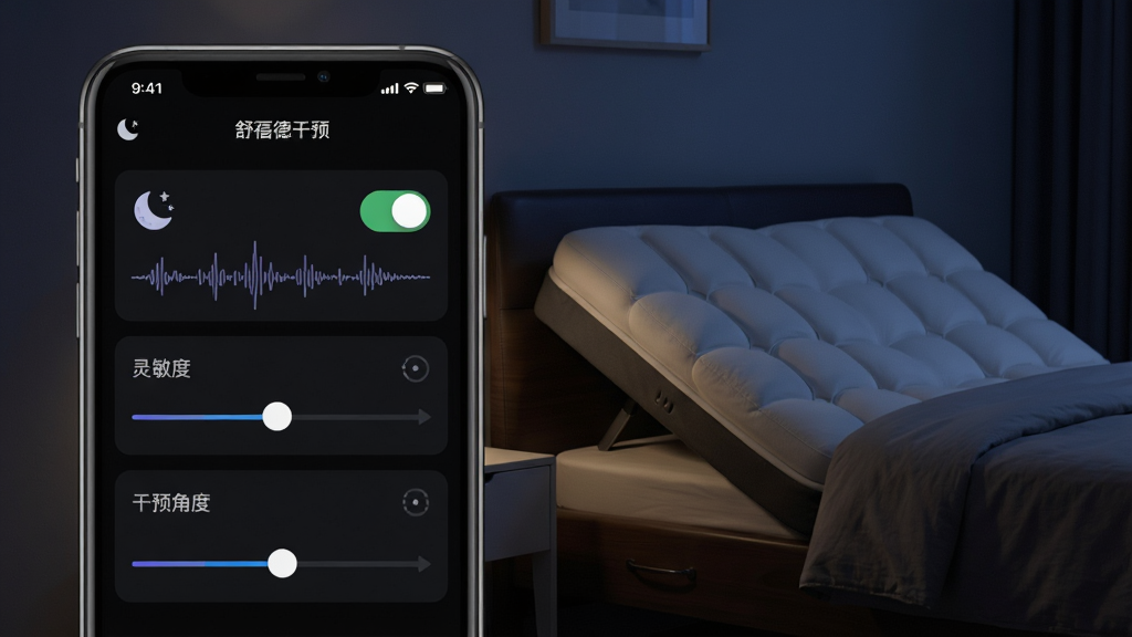 手机屏幕显示“舒福德”App的鼾声干预设置界面,有开关按钮、灵敏度调节、干预角度选项,背景是夜晚卧室,智能床头部微微抬起,主体为手机界面与床的联动示意,布局为左手机右床铺,风格为夜间模式深色系,细节包括月亮图标、鼾声波形、调节滑块,画质高清,干净,无多余元素