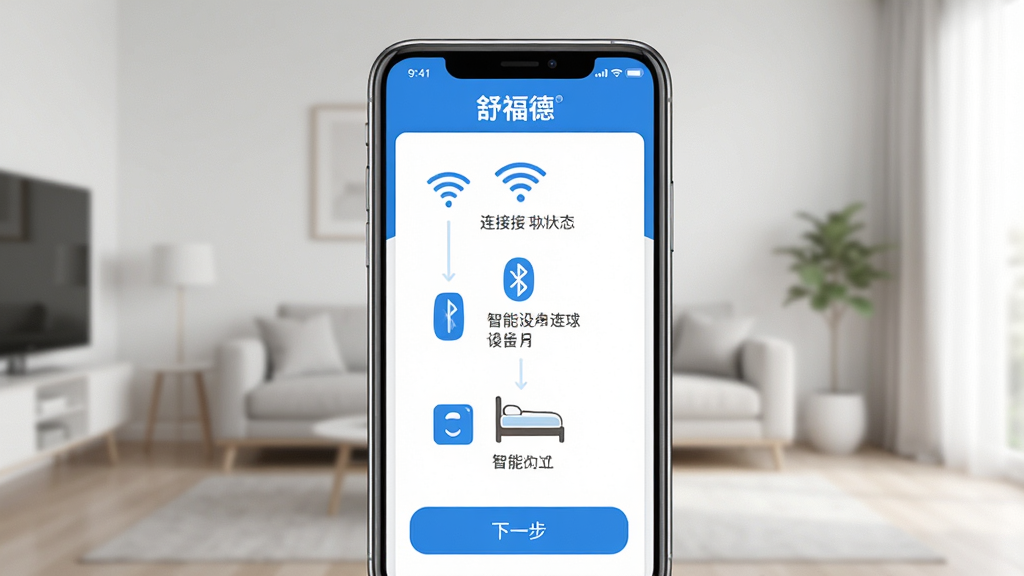 手机屏幕显示“舒福德”App的设备连接引导页面,有Wi-Fi图标、蓝牙图标、智能床示意图,背景是简约的客厅环境,主体为手机界面,布局为上下步骤式,风格为科技蓝白配色,细节包括连接状态提示、下一步按钮、设备图标,画质高清,干净,无多余元素