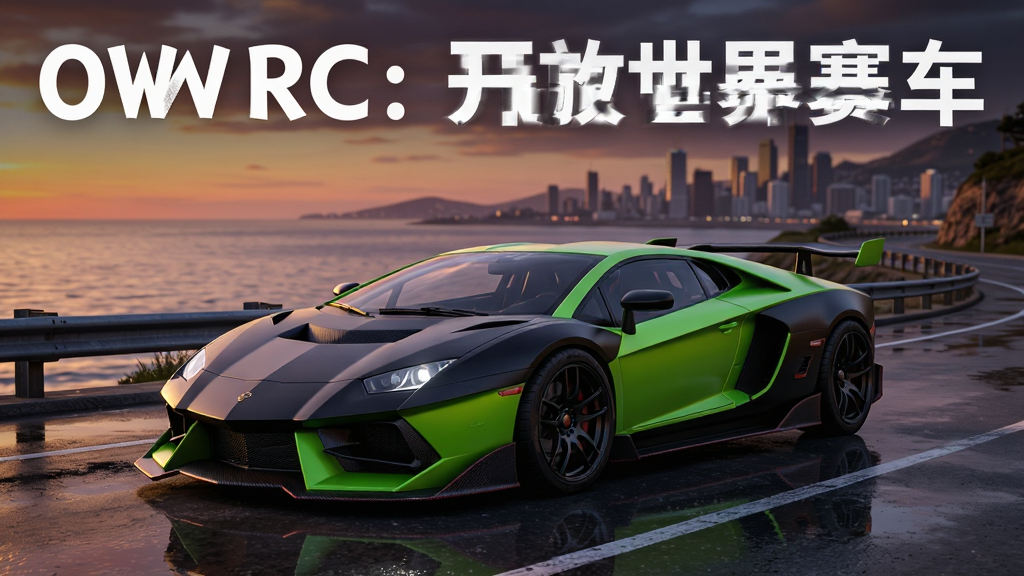 画面中央是一辆造型凌厉的改装跑车,车身采用哑光黑与荧光绿撞色涂装,停在开阔的海岸公路边缘,背景是蜿蜒的山路与远处城市天际线,天空呈现黄昏时分的橙紫渐变,画面左上角用粗体白色无衬线字体写着“OWRC:开放世界赛车”,整体布局为横向宽幅构图,风格偏向写实赛车游戏宣传图,细节包括路面反光、轮胎纹理、车身碳纤维质感,画质为4K高清,干净通透,无多余杂乱元素