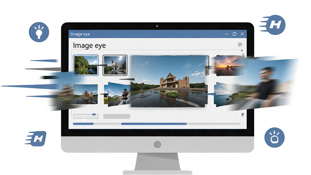 一张展示 Image eye 极速浏览功能的示意图,画面主体为电脑屏幕中 Image eye 软件正在快速切换多张高清图片的动感效果,屏幕周围带有速度线条图标,界面内标注