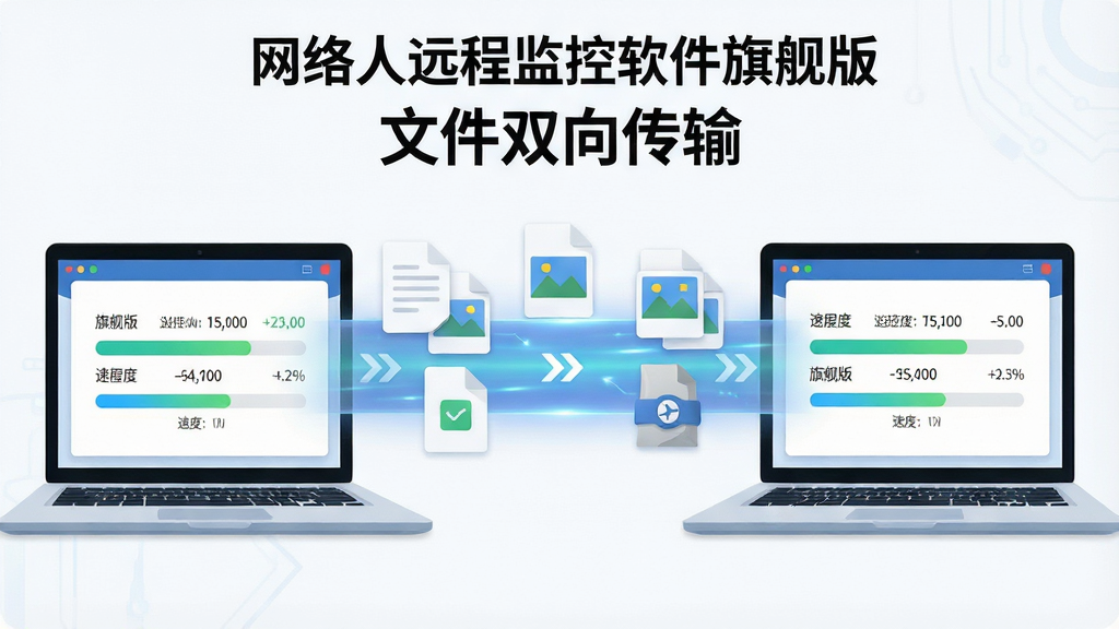 一张展示文件双向传输功能的AI生图,画面主体为两台笔记本电脑之间有一条发光的传输通道,通道中漂浮着文档、图片、压缩包等文件图标,屏幕界面显示传输进度条与速度数值,布局为左右对称式,风格为扁平化科技风,细节包括文件图标样式、进度条光效、连接线箭头方向,画质清晰干净,无多余元素,画面中文字标注“网络人远程监控软件旗舰版”与“文件双向传输”