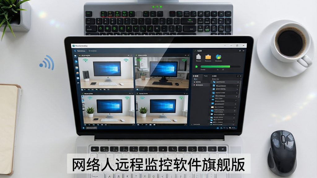 一张展现网络人远程监控软件旗舰版核心全貌的场景图,画面中央是一台笔记本电脑屏幕显示软件主界面,界面中包含多个远程设备监控窗口,每个窗口显示不同电脑桌面画面,屏幕右侧有文件传输进度条与设备列表,背景为现代办公桌面环境,桌面上放置键盘鼠标与一杯咖啡,整体布局采用俯视视角,排版居中对称,风格为写实科技风,细节包括屏幕反光、设备状态指示灯、连接信号图标,画质清晰干净,无多余元素,画面中文字标注“网络人远程监控软件旗舰版”