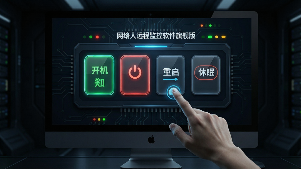 一张展示远程开关机功能的AI生图,画面主体为一台电脑屏幕显示电源管理面板,面板上有开机、关机、重启、休眠四个大按钮,屏幕前方有一只手正在点击虚拟按钮,背景为暗色科技空间,布局为居中聚焦式,风格为未来科技风,细节包括按钮发光效果、电路纹理、状态指示灯,画质精细干净,无多余元素,画面中文字标注“网络人远程监控软件旗舰版”与“远程电源管理”