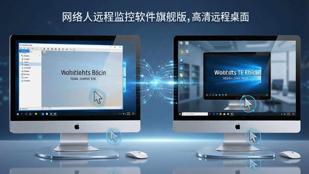 一张展示高清流畅远程桌面功能的AI生图,画面主体为两台电脑屏幕并排放置,左侧屏幕显示本地操作界面,右侧屏幕显示远程电脑桌面,两者之间用数据流线条连接,屏幕画面细腻清晰,布局为左右对比式,风格为现代科技感,细节包括数据流动光效、屏幕边框反光、鼠标指针同步图标,画质锐利干净,无多余元素,画面中文字标注“网络人远程监控软件旗舰版”与“高清远程桌面”