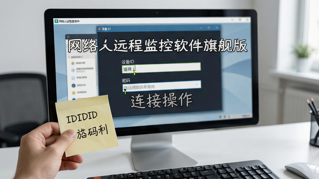 一张展示网络人远程监控软件旗舰版上手操作的AI生图,画面主体为一台电脑屏幕显示软件连接界面,界面上有设备ID输入框与密码输入框,屏幕旁边有一只手拿着写有ID和密码的便签纸,背景为简洁办公桌面,布局为居中构图,风格为写实教程风,细节包括输入框光标、便签纸纹理、键盘按键,画质清晰干净,无多余元素,画面中文字标注“网络人远程监控软件旗舰版”与“连接操作”
