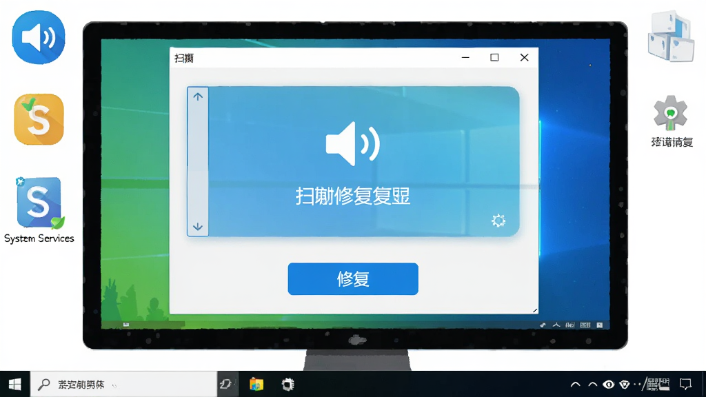 画面展示声音图标修复工具在Windows电脑上的操作流程,屏幕中央为软件界面显示扫描完成状态,下方有修复按钮,周围环绕着任务栏、音量图标、系统服务等元素,风格为扁平化插画,色彩明亮,画质清晰,干净,无多余元素