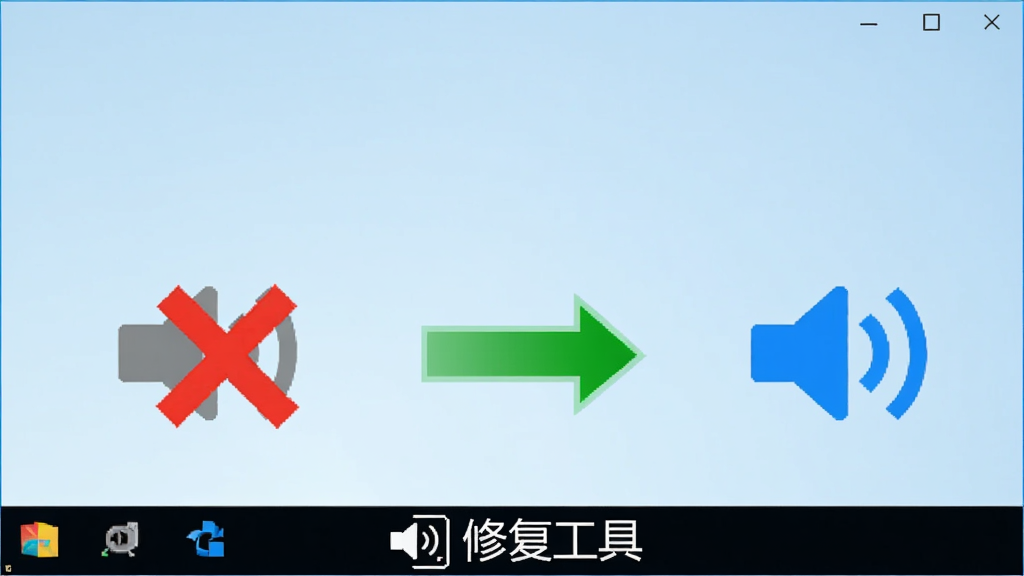 软件主界面位于画面中央,背景为浅蓝色渐变,画面中心展示Windows任务栏右下角音量图标从灰色红叉状态变为正常蓝色的过程,左侧为故障状态,右侧为修复后状态,中间有绿色箭头连接,界面底部显示声音图标修复工具名称,整体风格简洁专业,画质清晰,干净,无多余元素