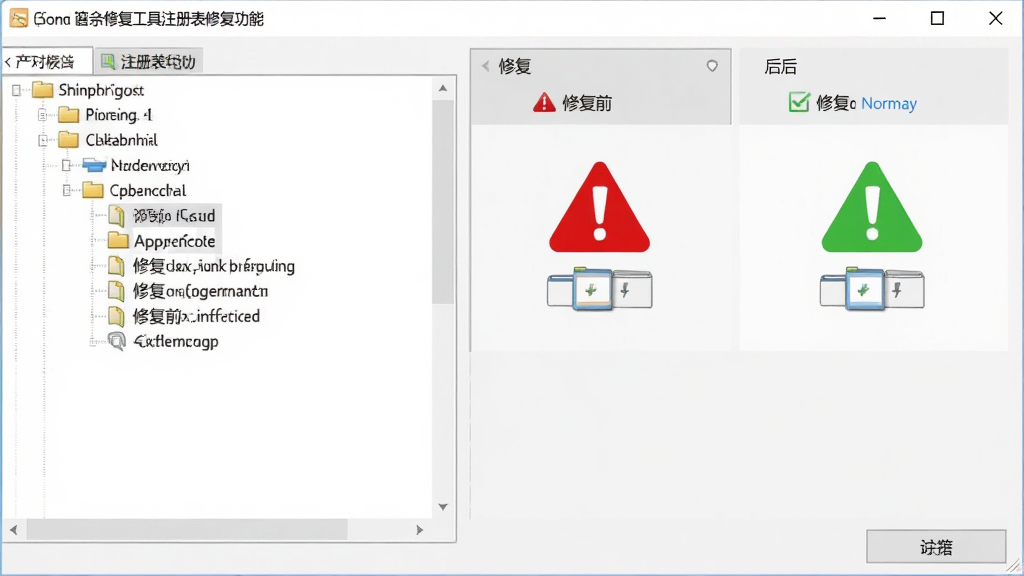 画面展示声音图标修复工具注册表修复功能界面,左侧显示注册表树状结构,右侧显示修复前后对比,修复前为红色警告标识,修复后为绿色正常标识,背景为浅灰色,风格简洁专业,画质清晰,干净,无多余元素
