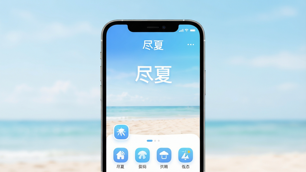 一张展示手机应用界面的场景图,画面中央是一部现代智能手机,屏幕上显示着一款名为「尽夏」的App主界面,界面设计清爽简洁,以蓝白渐变为主色调,顶部有「尽夏」文字标识,背景是柔和的夏日海滩与浅蓝色天空,布局为居中构图,风格偏向现代科技感与清新自然结合,细节上手机边缘有轻微光影反射,界面图标圆润,画质为高清4K,画面干净无多余元素