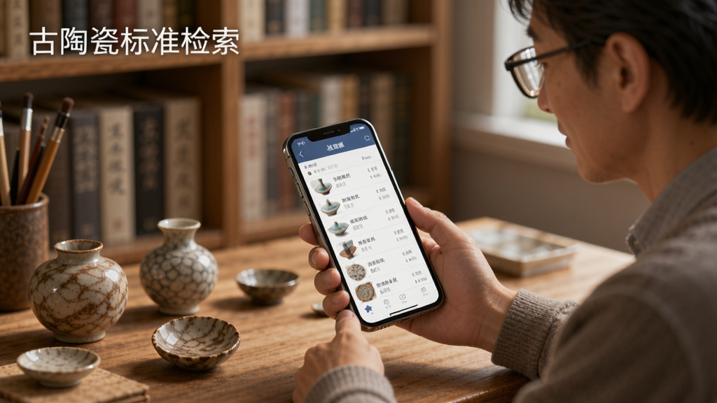 一幅AI生成的场景图,画面中一位收藏爱好者坐在书桌前,手持手机查看古陶瓷标准检索应用,桌上摆放着几件陶瓷小件,背景为书架,风格写实温暖,细节包括手机屏幕上的标准列表、陶瓷纹理清晰可见,画质干净,图片中文字标注“古陶瓷标准检索”。