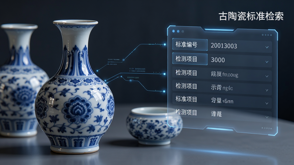 一幅AI生成的示意图,主体为整齐排列的陶瓷器皿与数字化标签,布局为左侧展示青花瓷瓶,右侧悬浮半透明数据面板,面板内列出“标准编号”“检测项目”等字段,风格为科技与传统文化结合,细节包括釉面光泽、数据线条连接,画质清晰,图片中文字标注“古陶瓷标准检索”。