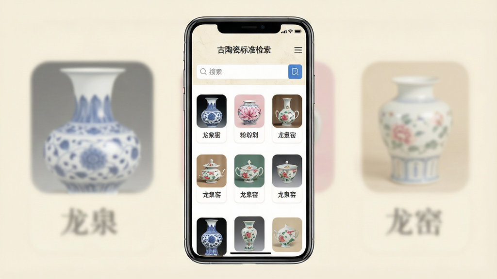 一张展示古陶瓷标准检索软件主界面的手机应用截图,画面中央是一部竖屏智能手机,屏幕内显示软件首页,顶部有搜索框,下方排列着青花瓷、粉彩、龙泉窑等分类图标,背景为淡雅的米白色调,整体风格简洁专业,画质清晰,干净无多余元素,图片中文字标注“古陶瓷标准检索”。