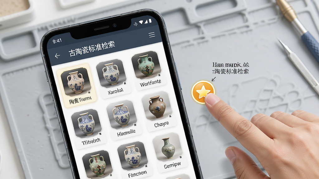 一幅AI生成的操作示意图,画面展示一部安卓手机屏幕,屏幕内为古陶瓷标准检索的收藏夹页面,旁边有手指点击星标图标的动作示意,背景为浅灰色工作台,风格简洁明快,细节包括手机边框、图标高亮效果,画质清晰,图片中文字标注“古陶瓷标准检索”。