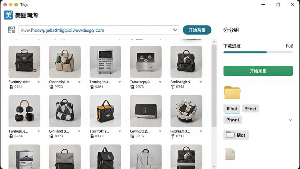 软件界面中展示批量采集功能,画面主体是“美图淘淘”窗口,列表里排列着已抓取的商品图片缩略图,右侧有下载进度条与分组标签,布局为左中右三栏,风格干净商务,细节包括链接输入框、开始采集按钮、文件夹图标,画质高清,干净,无多余元素