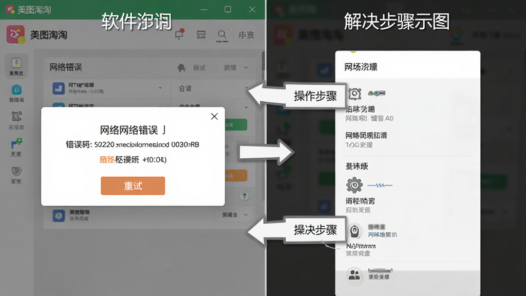 软件报错弹窗与解决步骤示意图,画面展示“美图淘淘”界面中弹出网络错误提示,旁边有操作步骤箭头指向设置面板,布局为左右对比,风格简约商务,细节包括错误代码、重试按钮、网络设置图标,画质高清,干净,无多余元素