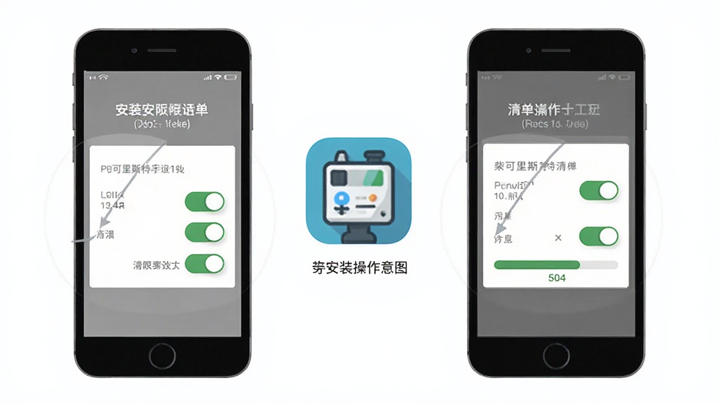 柴可里斯特新手安装操作示意图,画面展示手机屏幕上安装权限设置界面和清单应用图标,布局分步骤展示,风格扁平化教程风,细节上体现权限开关按钮和安装进度条,画质清晰干净无多余元素