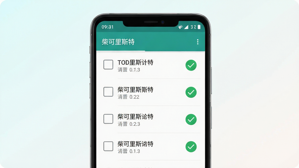 柴可里斯特手机应用主界面展示,画面中央是一部竖屏安卓手机,手机屏幕上显示清晰的清单列表界面,包含多个待办事项和勾选框,整体布局简洁,背景为浅色渐变,风格清爽现代,细节上体现清单勾选完成的绿色对勾图标,画质清晰干净无多余元素