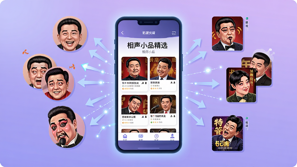 一幅表现智能推荐算法的概念插画,画面中央是一个发光的手机屏幕,屏幕中显示着“相声小品精选”的推荐页面,周围环绕着各种相声演员的表情包和节目封面,有箭头和光点从屏幕向外辐射,代表数据分析和个性化匹配,背景是柔和的渐变紫色,风格科技感十足,画质清晰干净,无多余元素