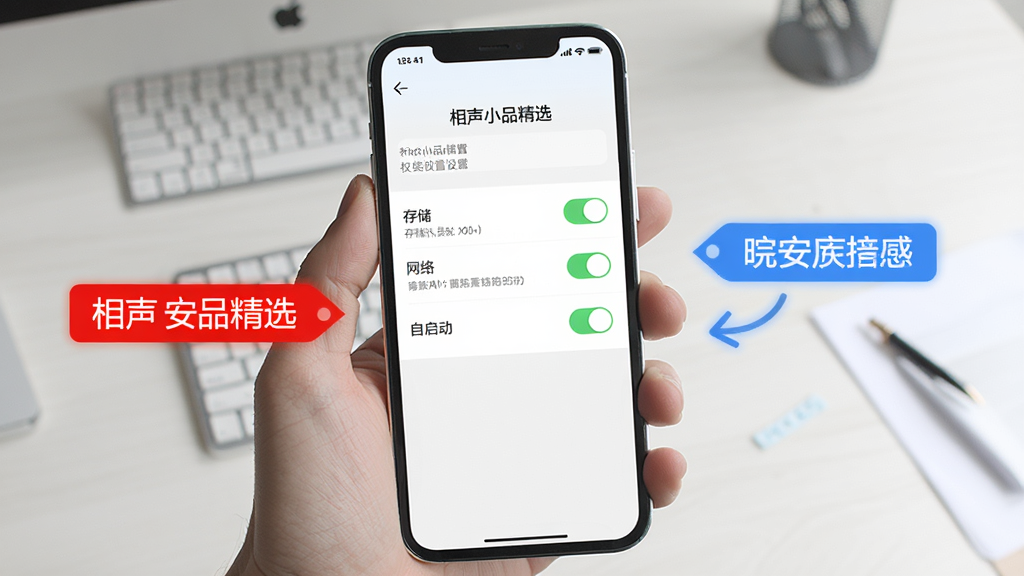 一幅展示手机应用安装设置的界面示意图,画面中一只手拿着手机,屏幕上显示着“相声小品精选”的权限设置页面,有存储、网络、自启动等开关选项,旁边有红色和蓝色的提示标签,背景是简洁的桌面,风格写实,画质清晰干净,无多余元素