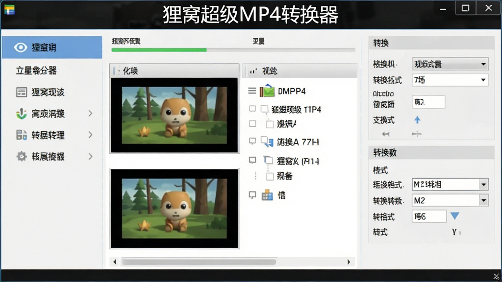 主图展示狸窝超级MP4转换器软件界面,画面中央为软件主窗口,左侧为功能菜单栏,右侧为视频文件列表与转换参数设置区,窗口上方有“狸窝超级MP4转换器”文字标识,整体布局清晰整洁,采用现代简约的扁平化设计风格,细节包括进度条、格式下拉菜单、预览窗口,画质高清,干净无多余元素