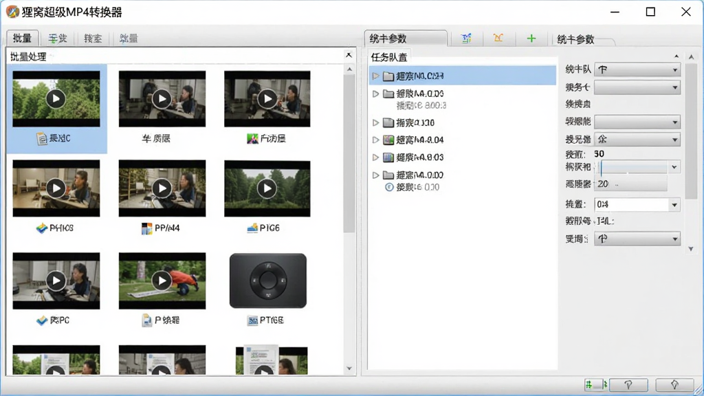 画面展示狸窝超级MP4转换器的批量处理界面,左侧为多个视频文件缩略图列表,右侧为任务队列与统一参数设置区,软件名称“狸窝超级MP4转换器”显示在窗口标题栏,整体采用浅灰色商务风格,排版整齐,画质清晰,无杂乱元素