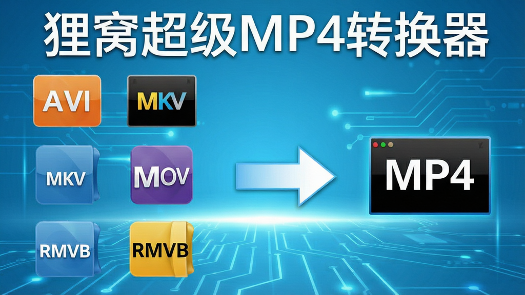 画面展示狸窝超级MP4转换器正在转换多种格式的视频文件,左侧排列着AVI、MKV、MOV、RMVB等格式图标,右侧箭头指向统一的MP4图标,背景为浅蓝色科技感线条,软件名称“狸窝超级MP4转换器”以白色字体显示在画面顶部,整体风格简洁明快,画质清晰,无杂乱元素