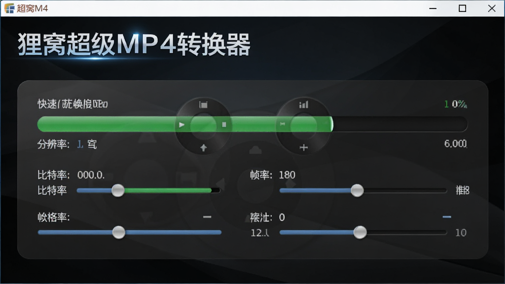 画面中央为狸窝超级MP4转换器的转换进度界面,进度条显示快速推进,旁边有分辨率、比特率、帧率等参数调节滑块,背景为深色渐变,软件名称“狸窝超级MP4转换器”以高亮字体显示在界面左上角,整体风格专业简洁,画质高清,无多余装饰