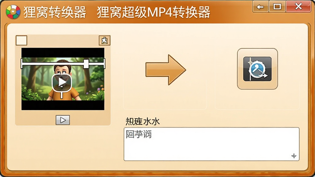 展示狸窝超级MP4转换器的编辑功能面板,画面中有视频裁剪框、合并箭头、水印图标和字幕输入框等元素,软件名称“狸窝超级MP4转换器”位于面板顶部,整体布局紧凑有序,采用暖色调界面,画质细腻,干净无多余元素