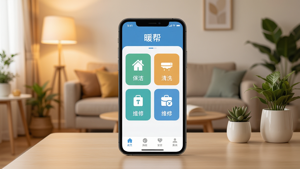 暖帮软件主界面展示,画面中央是一部智能手机,屏幕显示暖帮应用首页,包含家政服务分类图标如保洁、清洗、维修等,背景为温馨的家庭客厅环境,布局采用中心构图,风格为现代扁平化UI设计,细节包括柔和的暖色调灯光、干净的桌面和绿植点缀,画质清晰,干净,无多余元素