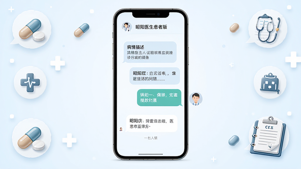 昭阳医生患者版在线问诊界面,手机屏幕显示医生与患者的对话气泡,包含病情描述和医嘱回复,周围有医疗图标装饰,布局居中,风格简洁专业,细节有药丸和病历本元素,画质清晰,干净,无多余元素