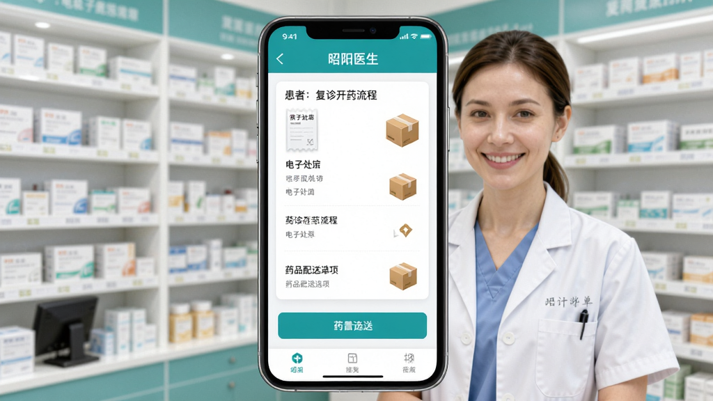 昭阳医生患者版复诊开药流程界面,手机屏幕展示电子处方单和药品配送选项,背景为药房货架,布局层次分明,风格干净明亮,细节有处方笺和快递箱图标,画质高清,干净,无多余元素