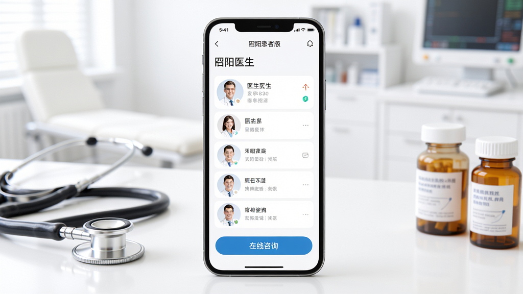移动医疗应用界面展示,画面中央是一部智能手机,屏幕显示昭阳医生患者版APP首页,包含医生列表和在线咨询按钮,背景为干净的白色诊室环境,布局简洁清晰,风格现代医疗科技感,细节包括听诊器与药瓶点缀,画质高清,干净,无多余元素