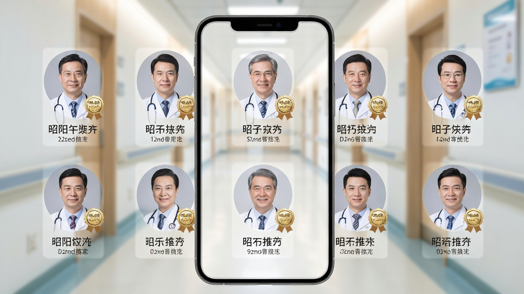 昭阳医生患者版医生列表页面,手机屏幕显示多位医生头像与职称信息,背景为医院走廊虚化场景,布局整齐排列,风格专业可信,细节有资质认证徽章,画质高清,干净,无多余元素